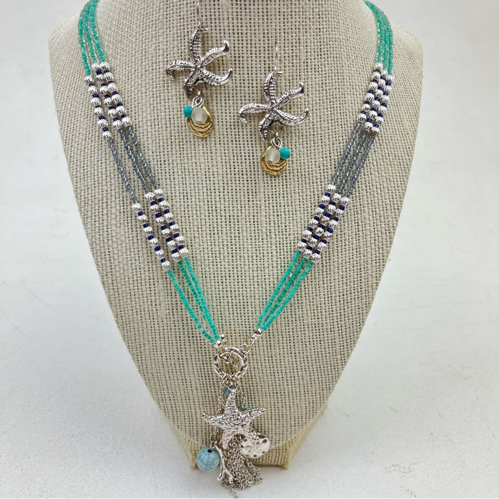Beaded Sealife Charms and Tassle Toggle Necklace and Earring Set Starfish Coral